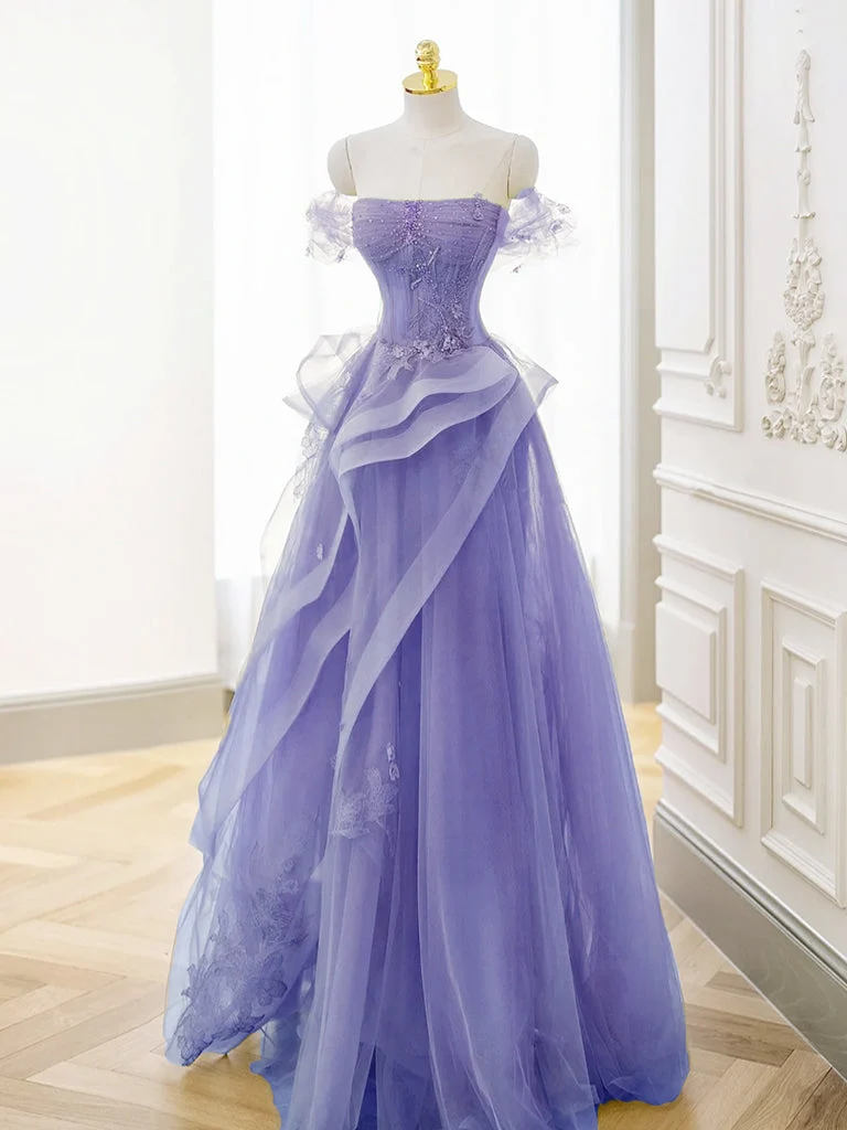 Superbe robe de bal violette en tulle et dentelle, coupe trapèze, épaules dénudées