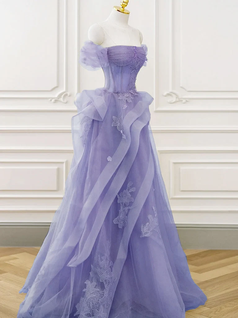 Superbe robe de bal violette en tulle et dentelle, coupe trapèze, épaules dénudées