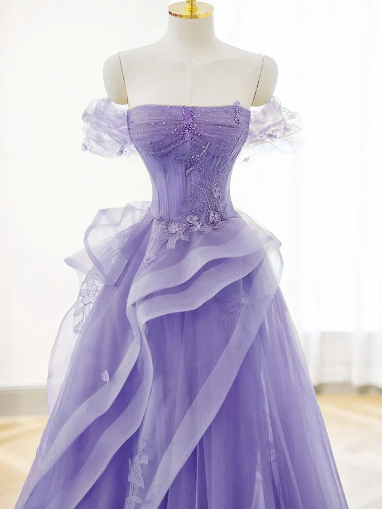 Superbe robe de bal violette en tulle et dentelle, coupe trapèze, épaules dénudées