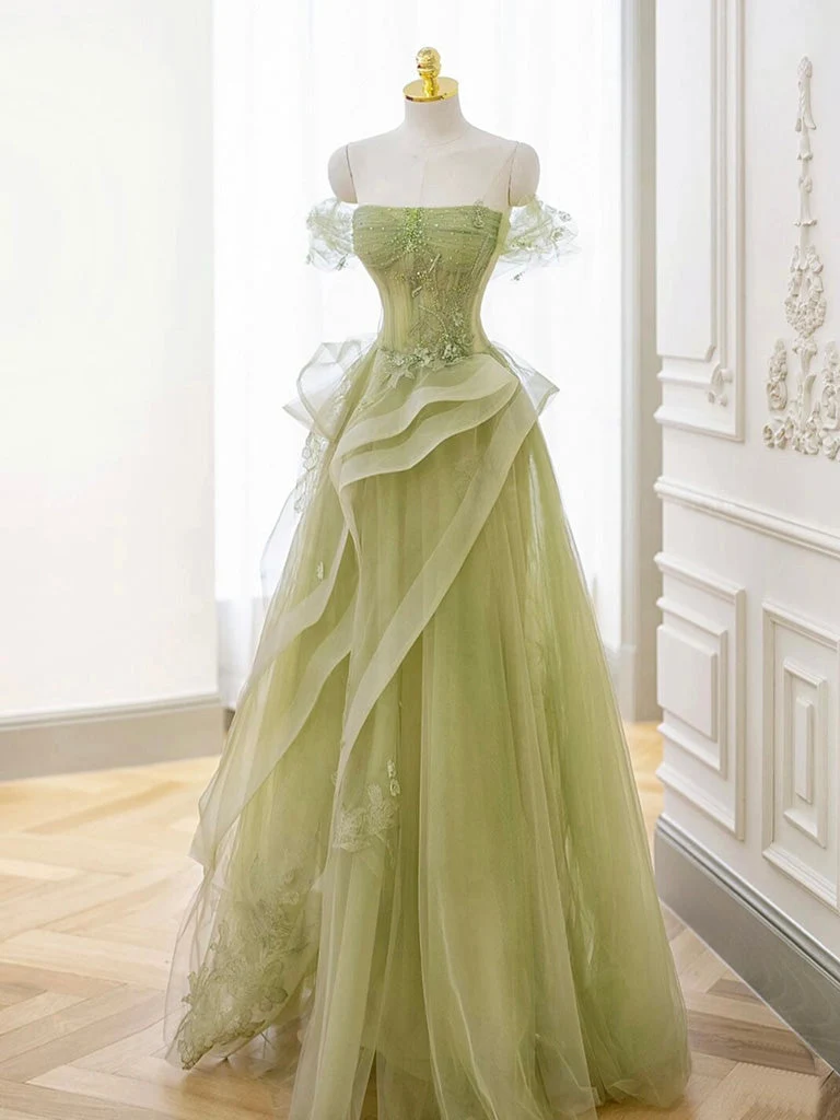 Robe de bal longue verte en tulle et dentelle, coupe trapèze, épaules dénudées