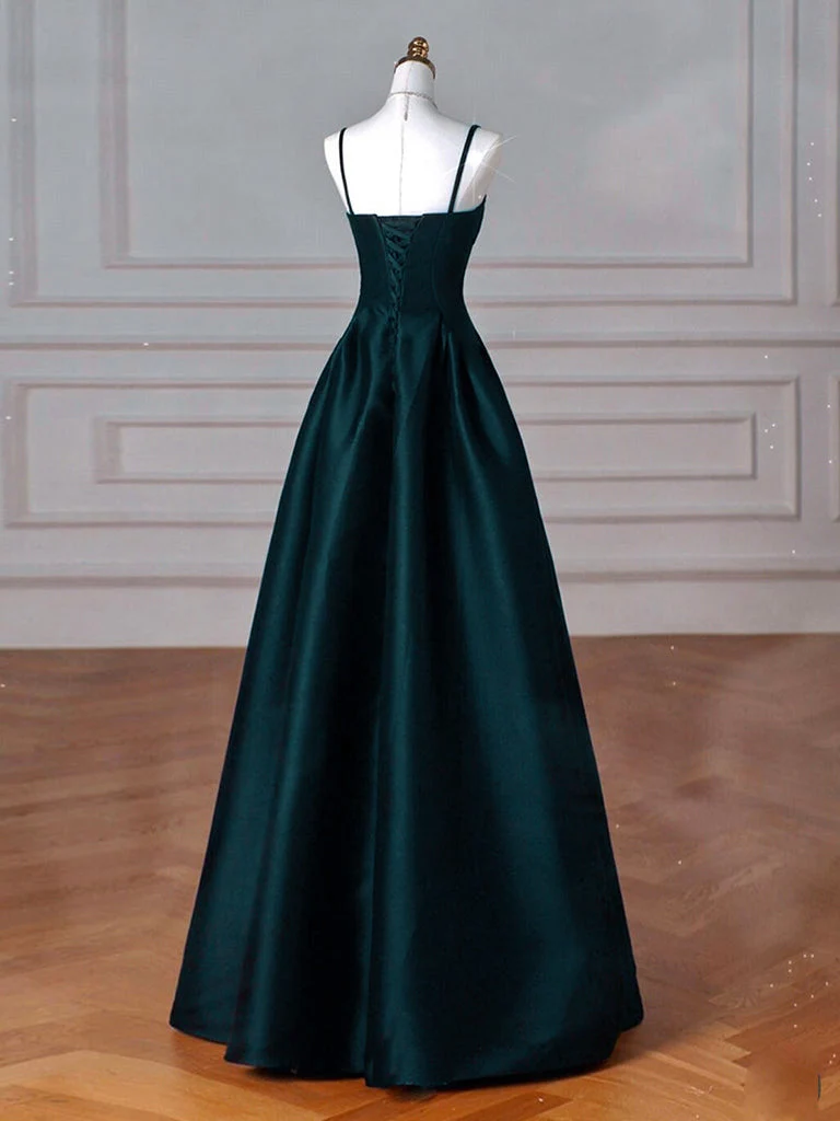 Robe de bal longue en satin bleu paon à col en cœur et coupe trapèze