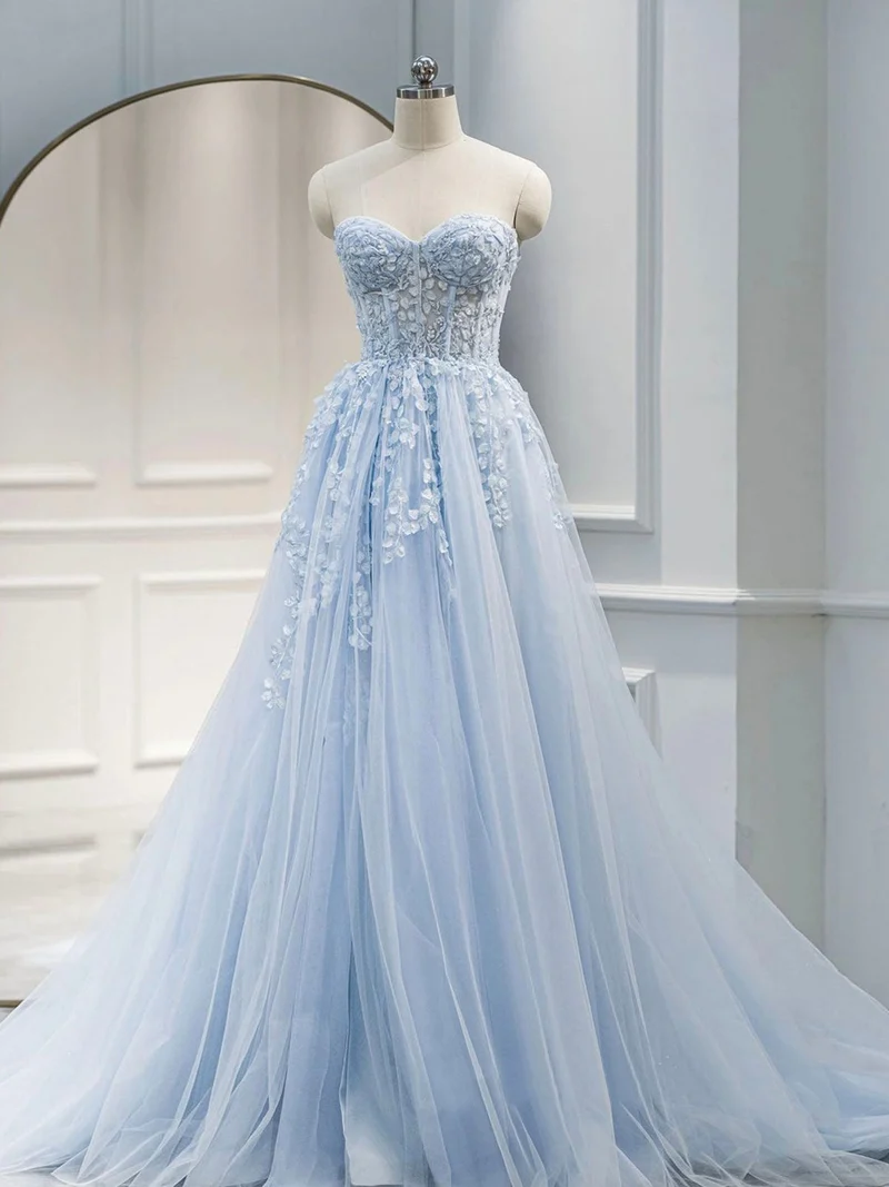 Superbes robes de bal longues en tulle bleu chérie