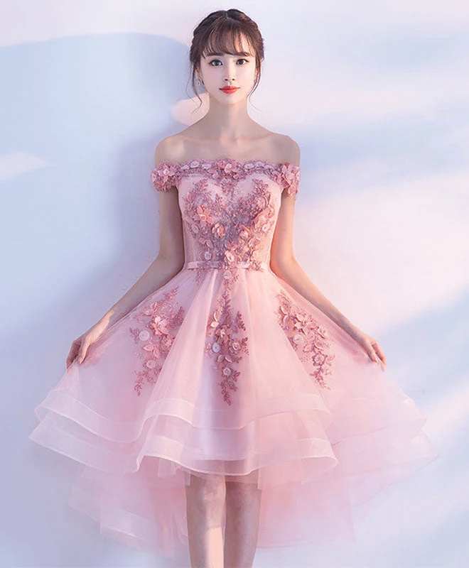 Adorable robe de bal courte en tulle et dentelle rose, coupe haute et basse, pour des soirées inoubliables