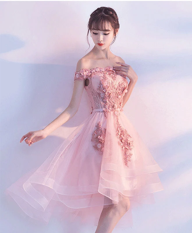 Adorable robe de bal courte en tulle et dentelle rose, coupe haute et basse, pour des soirées inoubliables