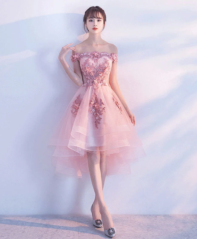 Adorable robe de bal courte en tulle et dentelle rose, coupe haute et basse, pour des soirées inoubliables