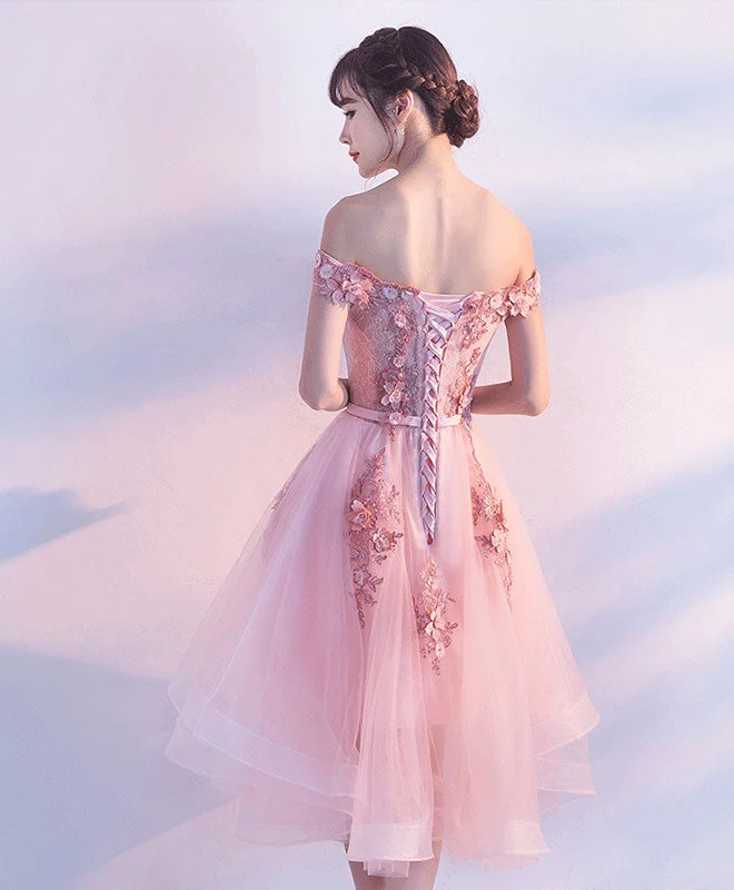 Adorable robe de bal courte en tulle et dentelle rose, coupe haute et basse, pour des soirées inoubliables