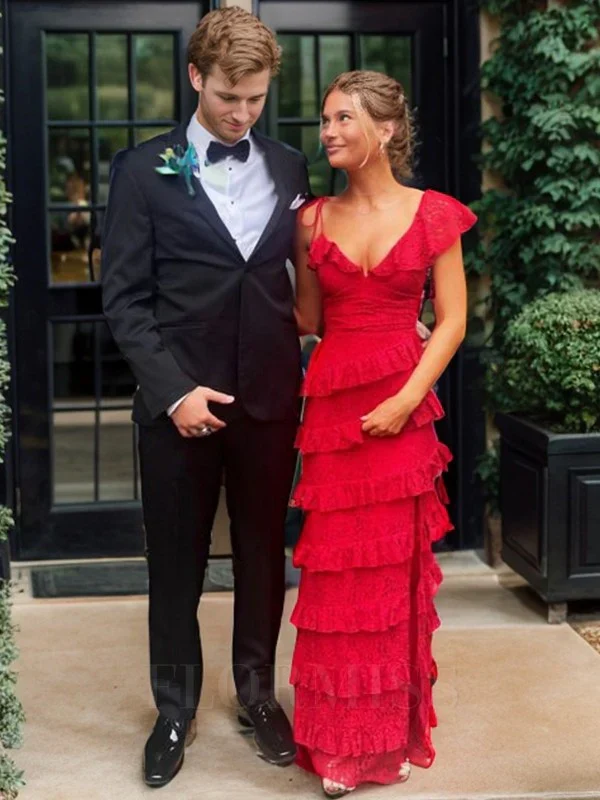Belle robe de bal longue rouge en dentelle à plusieurs niveaux avec fente