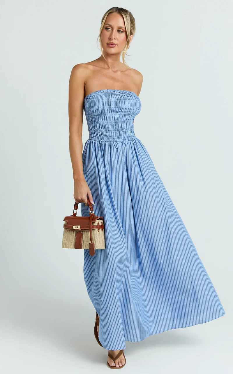 Swanson Midi Dress - Strapless Smocked Dress in Blue Stripe