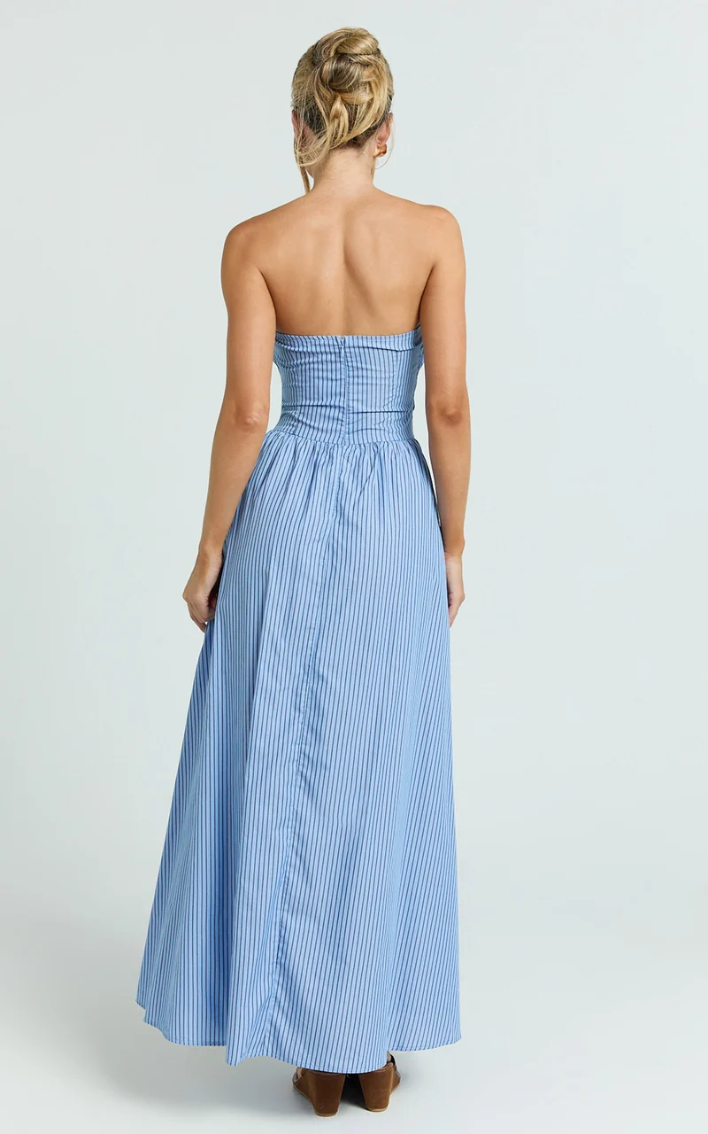 Swanson Midi Dress - Strapless Smocked Dress in Blue Stripe