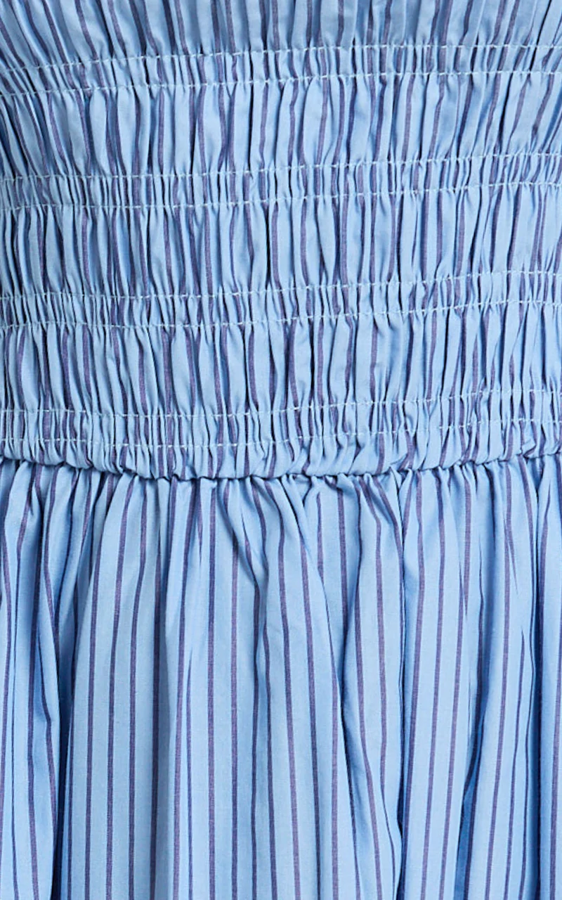 Swanson Midi Dress - Strapless Smocked Dress in Blue Stripe
