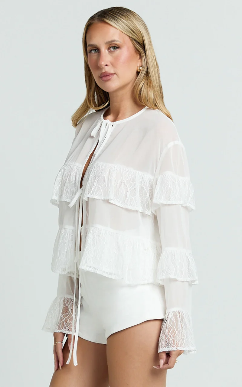 Safiya Top - Tie Front Ruffle Sleeve Blouse Top in White
