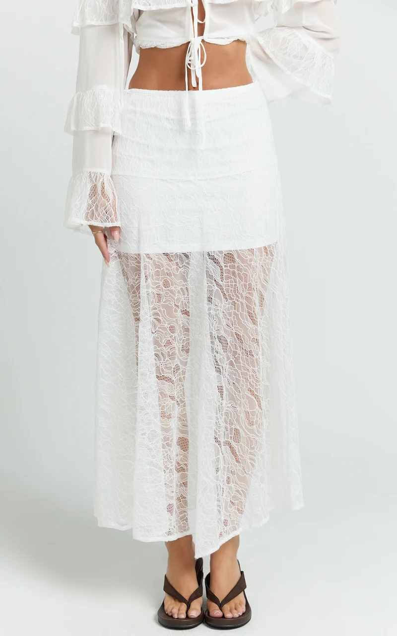 Safiya Maxi Skirt - Mid Waist Lace Skirt With Slip in White