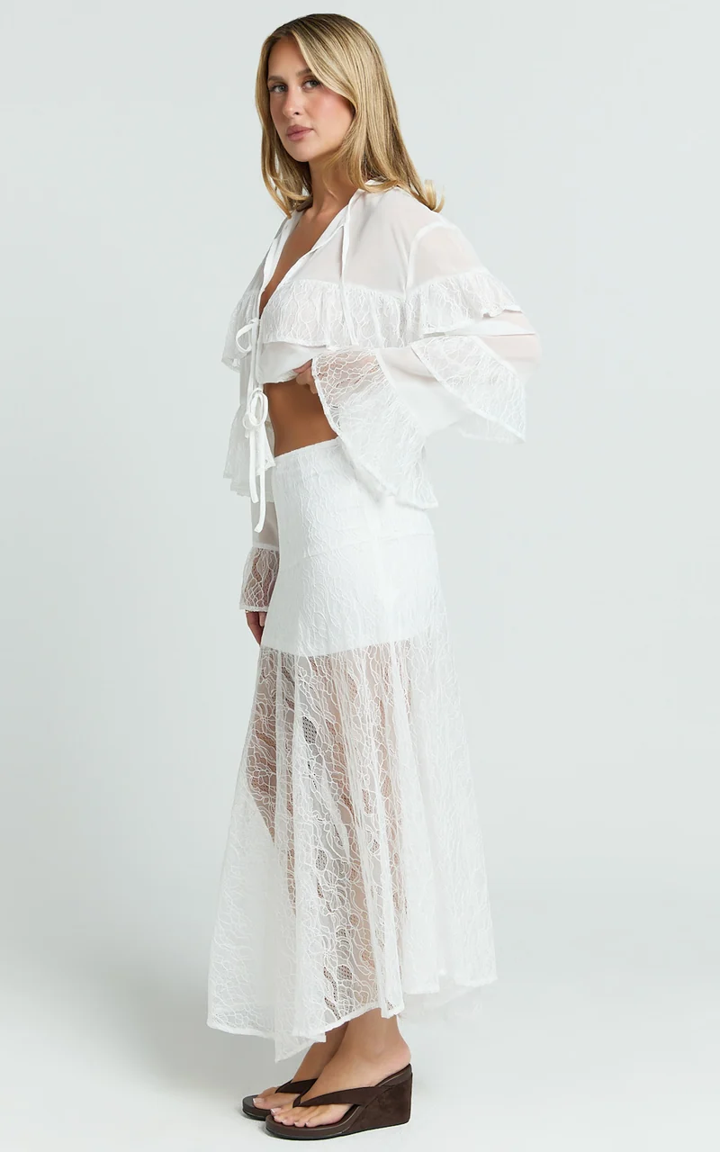 Safiya Maxi Skirt - Mid Waist Lace Skirt With Slip in White