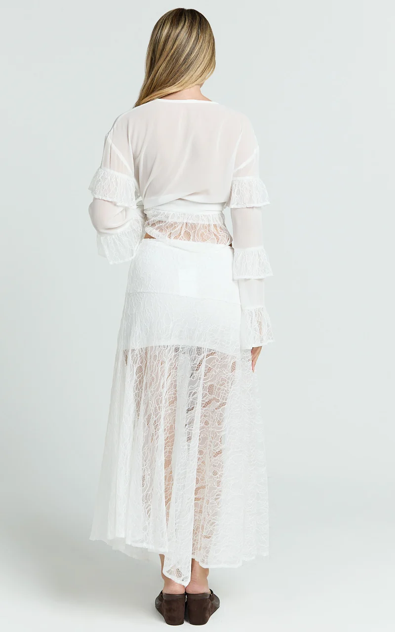 Safiya Maxi Skirt - Mid Waist Lace Skirt With Slip in White