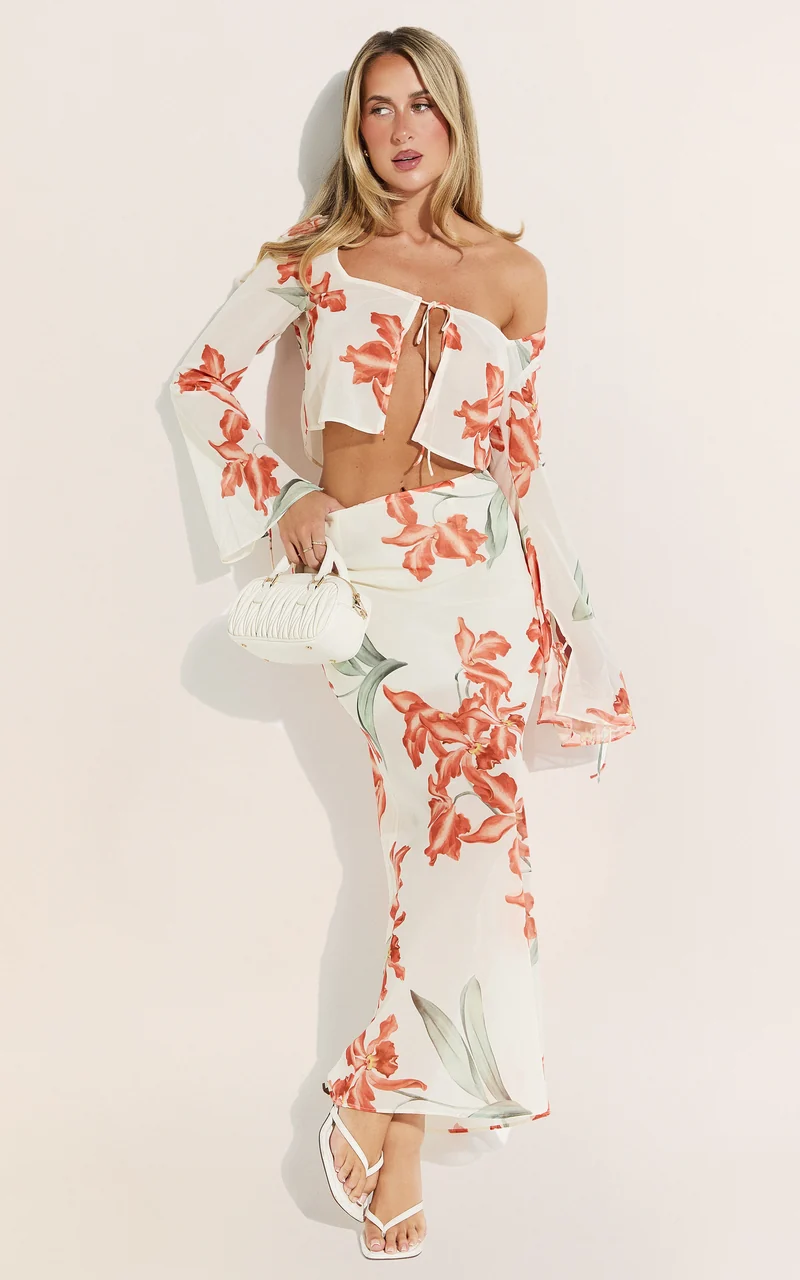 Sybil Two Piece Top and Skirt Set - Abstract Floral Tie Top and Maxi Skirt Set in Vintage Orchid