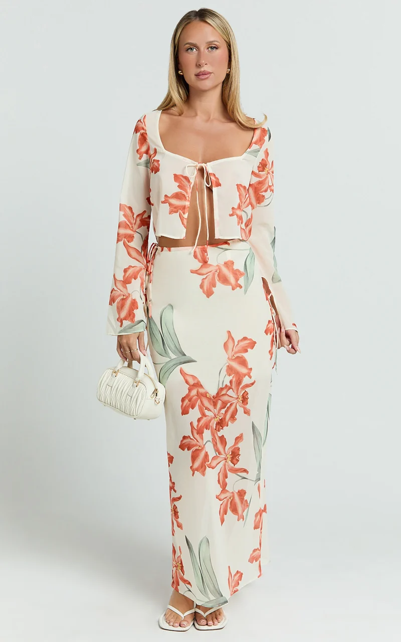 Sybil Two Piece Top and Skirt Set - Abstract Floral Tie Top and Maxi Skirt Set in Vintage Orchid