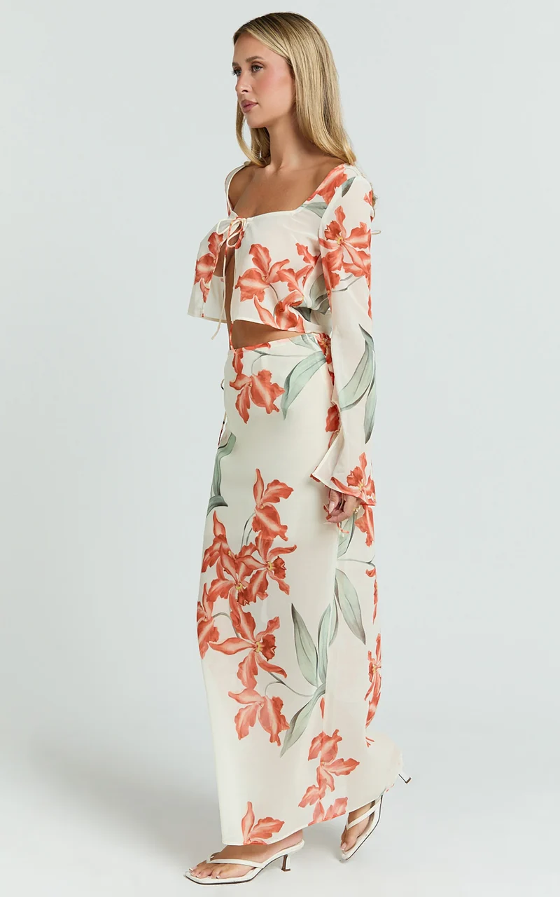 Sybil Two Piece Top and Skirt Set - Abstract Floral Tie Top and Maxi Skirt Set in Vintage Orchid