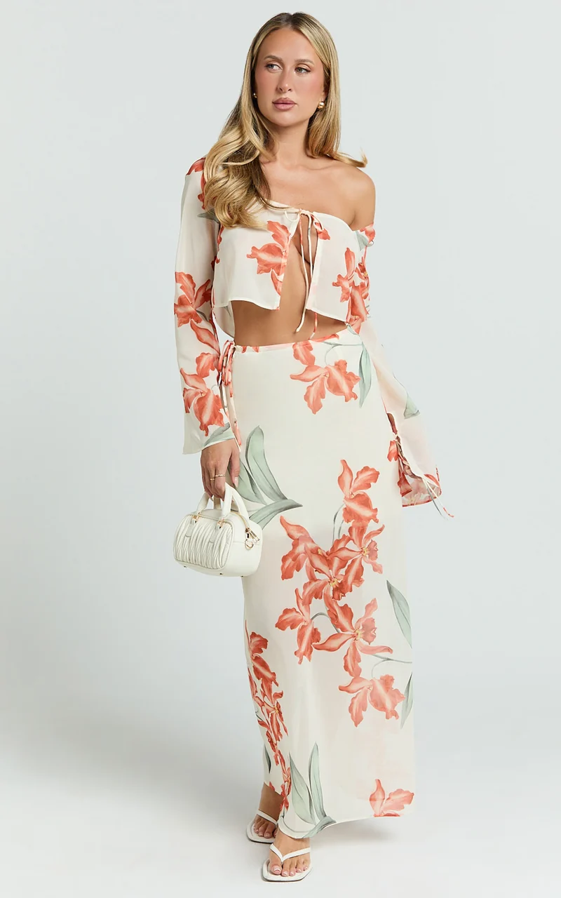 Sybil Two Piece Top and Skirt Set - Abstract Floral Tie Top and Maxi Skirt Set in Vintage Orchid