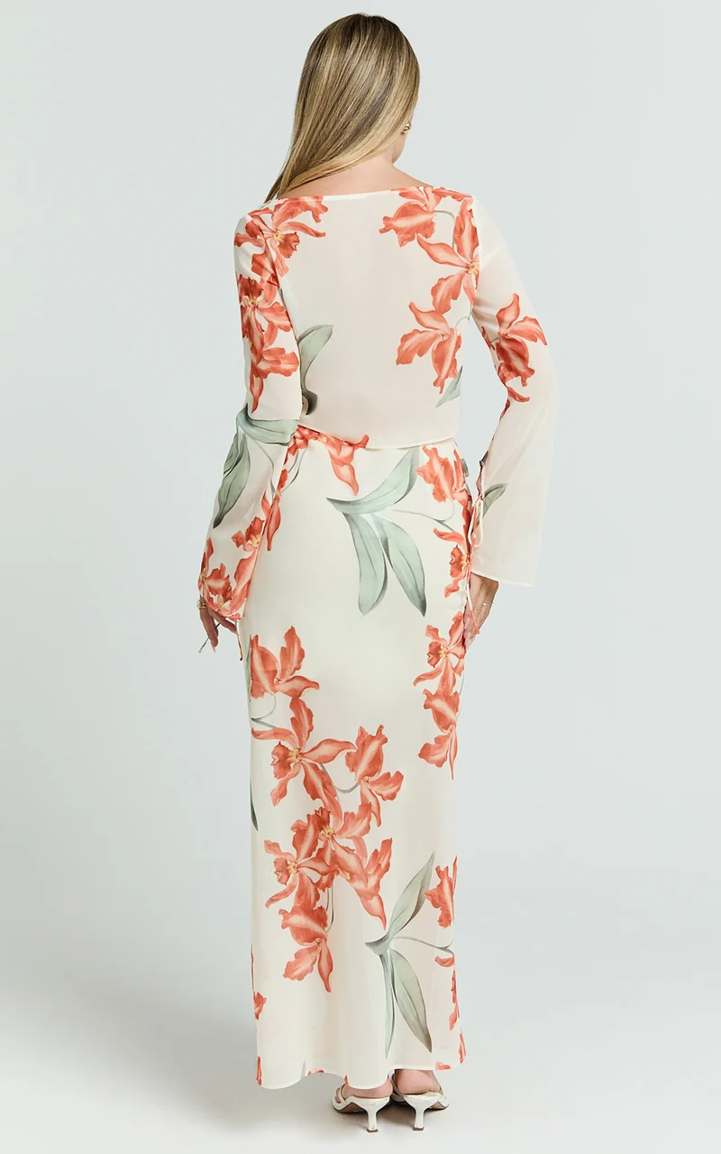 Sybil Two Piece Top and Skirt Set - Abstract Floral Tie Top and Maxi Skirt Set in Vintage Orchid