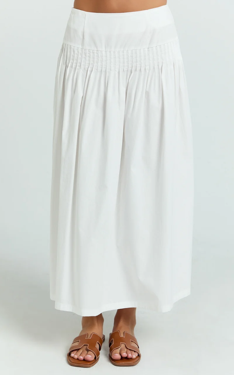 Auburn Maxi Skirt - Poplin Pintucked A Line Skirt in Ivory