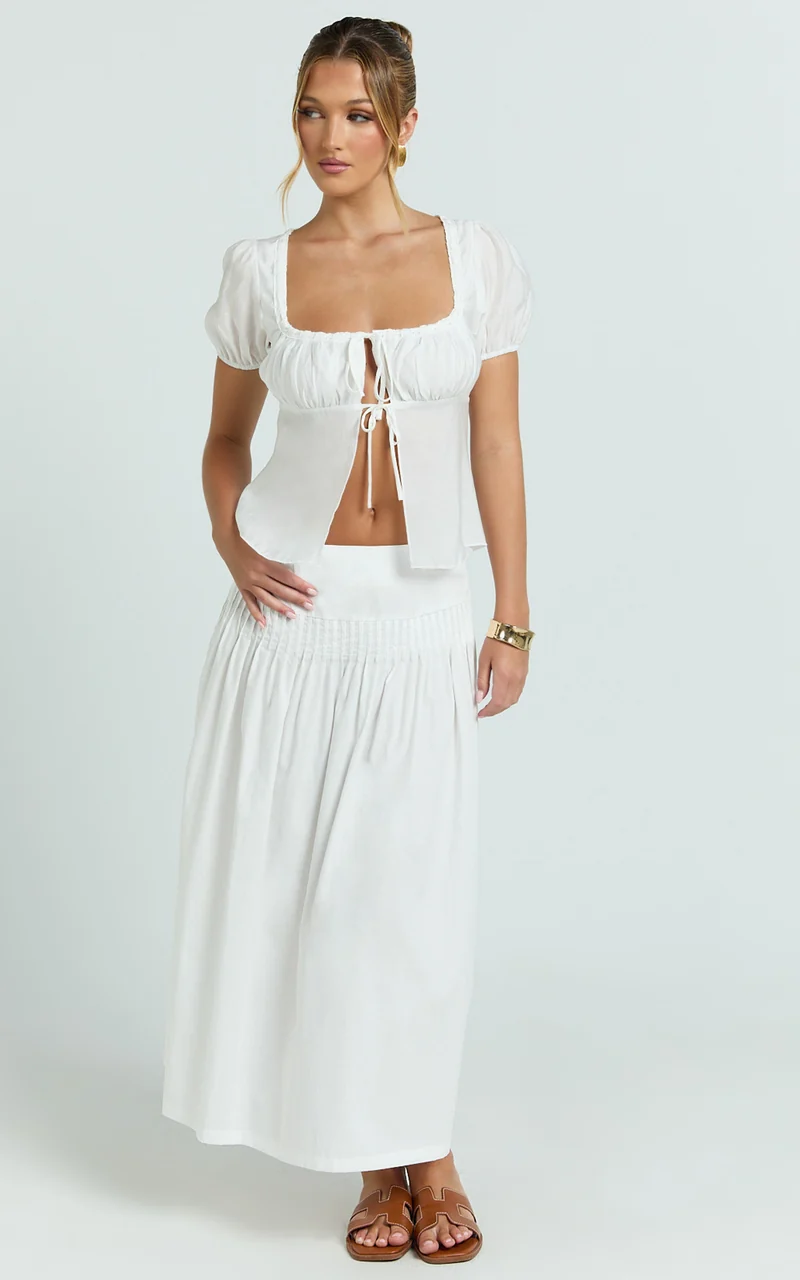 Auburn Maxi Skirt - Poplin Pintucked A Line Skirt in Ivory
