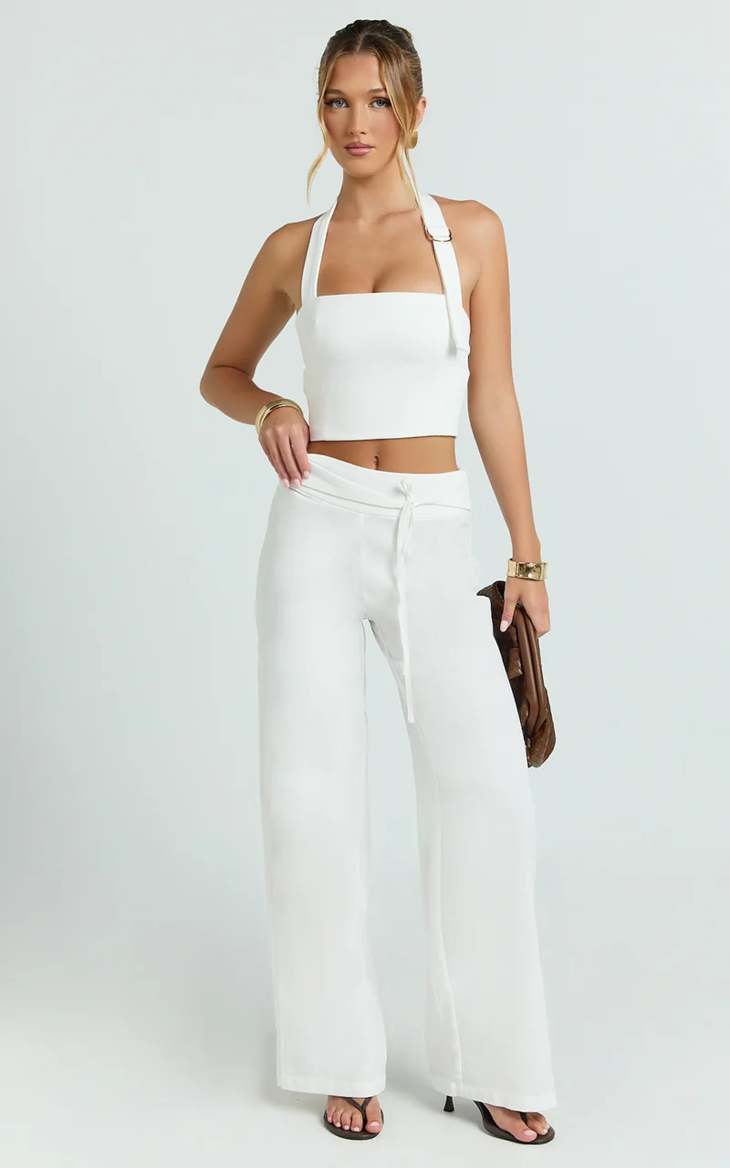 Alva Pants - High Waisted Front Tie Wide Leg Pants in White