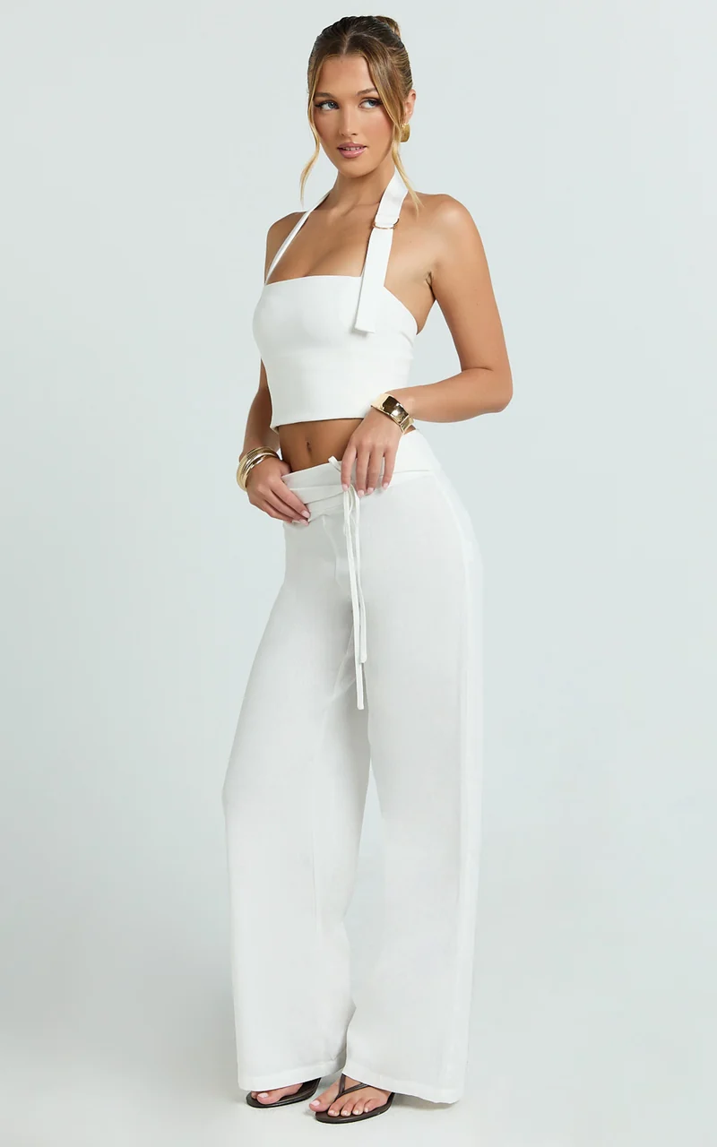 Alva Pants - High Waisted Front Tie Wide Leg Pants in White