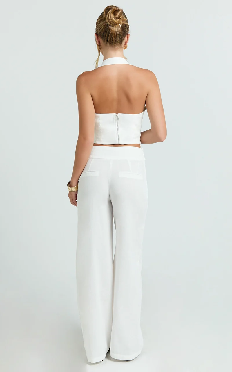 Alva Pants - High Waisted Front Tie Wide Leg Pants in White