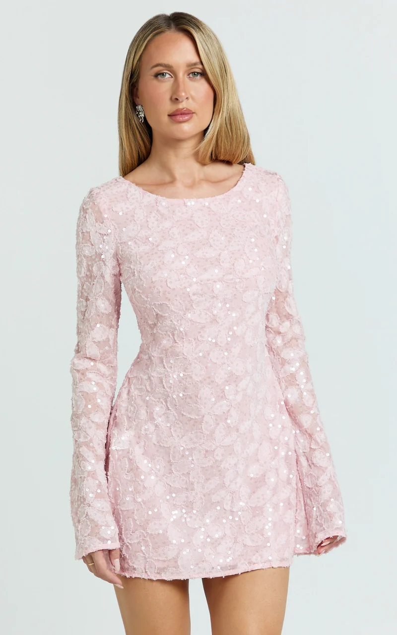 Terri Mini Dress - Long Sleeve Cowl Back Neck Dress in Pale Pink