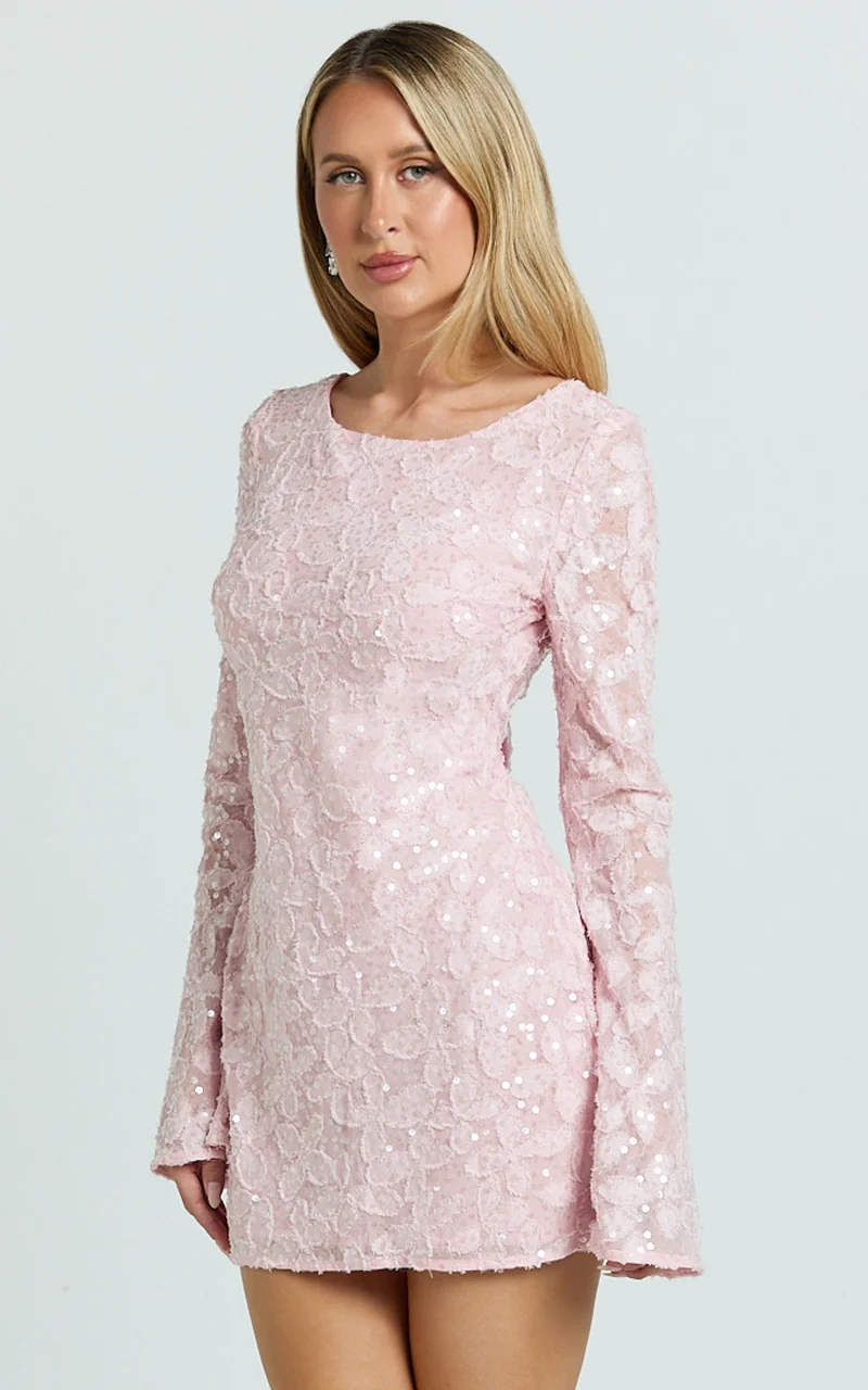 Terri Mini Dress - Long Sleeve Cowl Back Neck Dress in Pale Pink