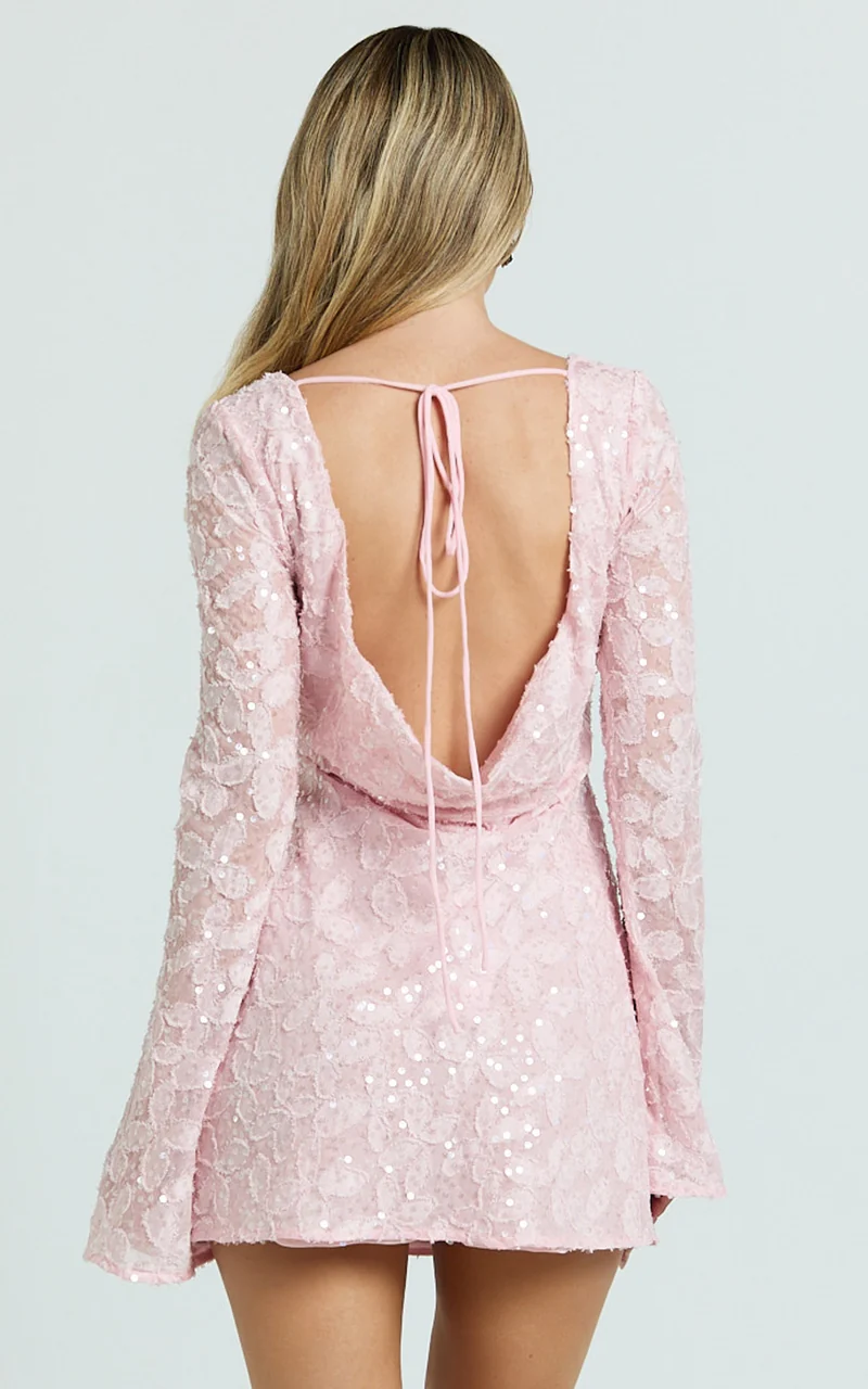 Terri Mini Dress - Long Sleeve Cowl Back Neck Dress in Pale Pink
