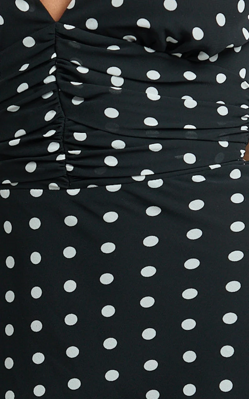 Sybil Mini Dress - Plunge Halter Low Back A Line Dress in Black Polka Dot