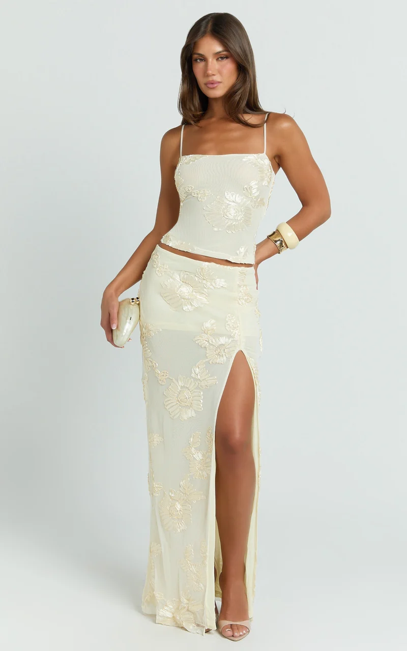 Jelena Maxi Skirt - Embroidered Floral Mid Waist Bodycon Skirt in Lemon