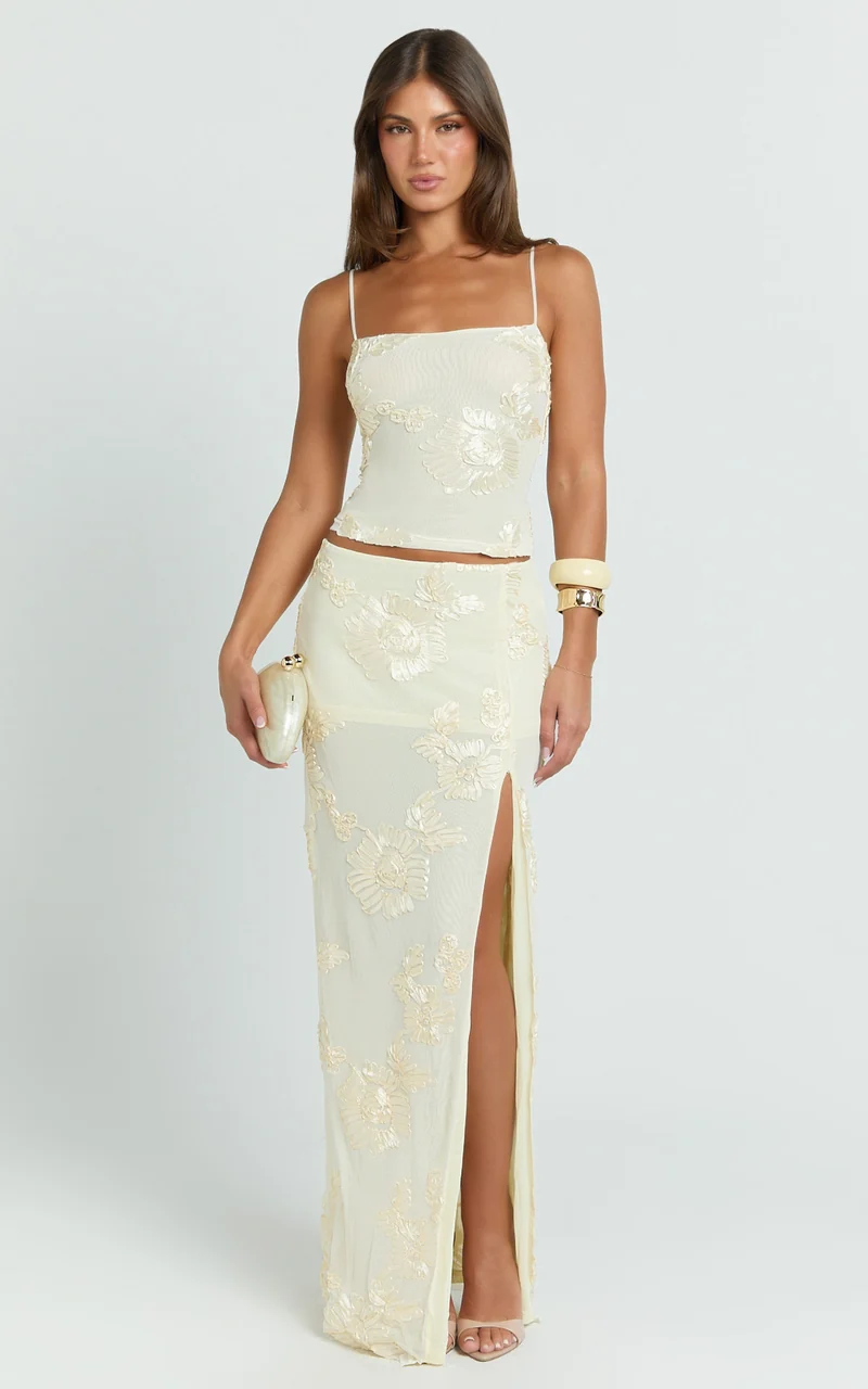 Jelena Maxi Skirt - Embroidered Floral Mid Waist Bodycon Skirt in Lemon
