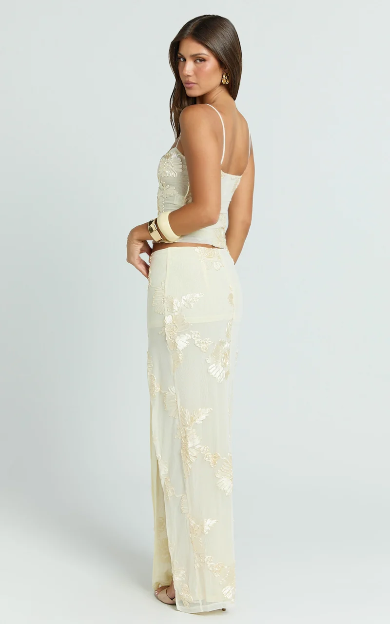 Jelena Maxi Skirt - Embroidered Floral Mid Waist Bodycon Skirt in Lemon