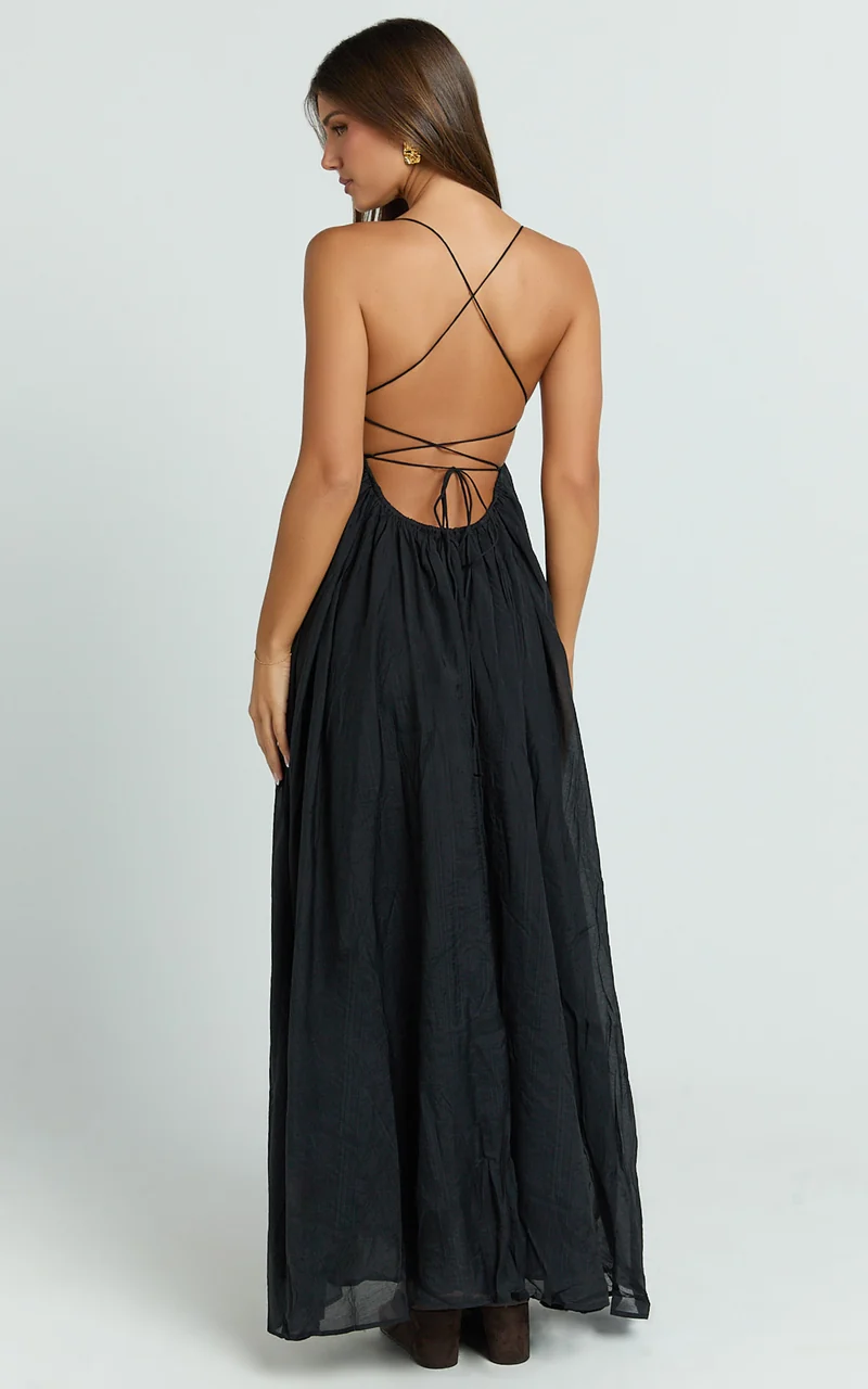 Kourtney Maxi Dress - V Neck Fit And Flare Dress With Tie Back Detail in Black