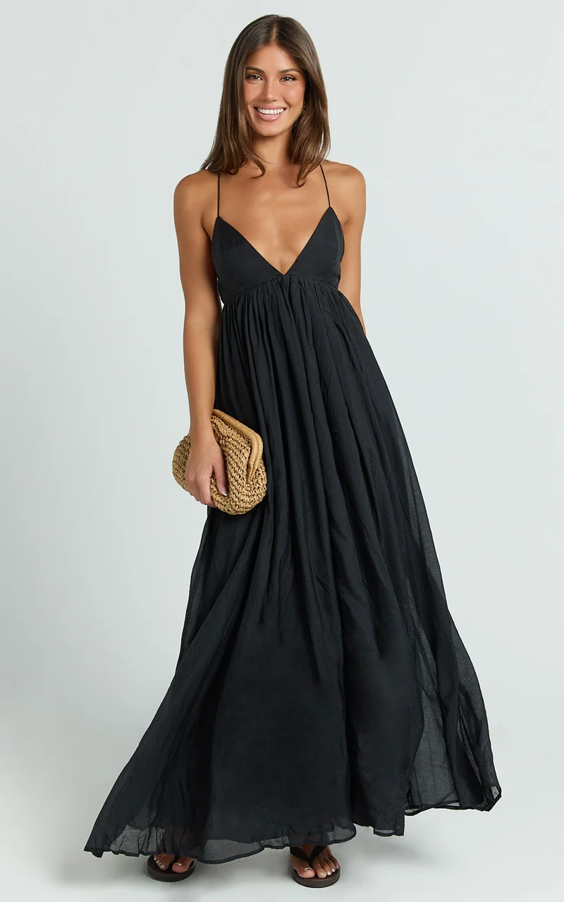 Kourtney Maxi Dress - V Neck Fit And Flare Dress With Tie Back Detail in Black