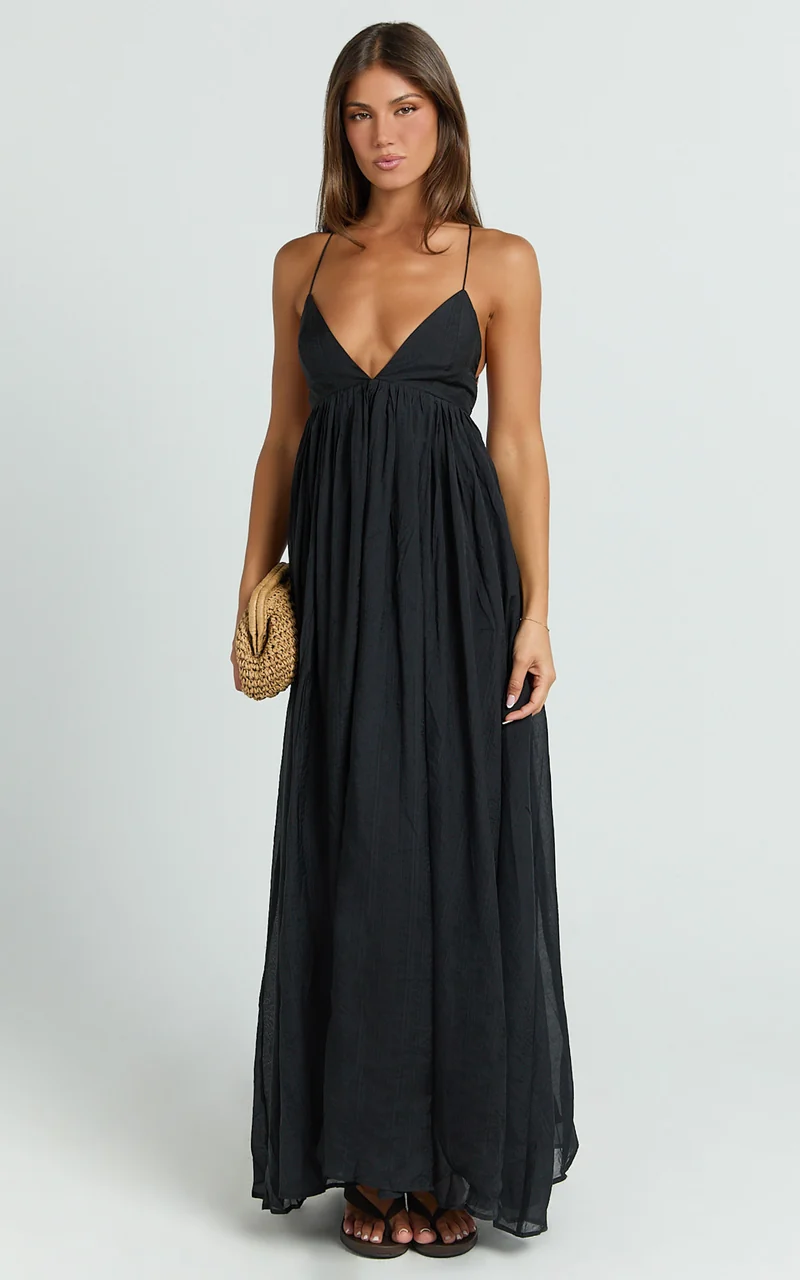 Kourtney Maxi Dress - V Neck Fit And Flare Dress With Tie Back Detail in Black