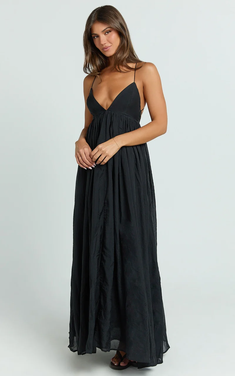 Kourtney Maxi Dress - V Neck Fit And Flare Dress With Tie Back Detail in Black
