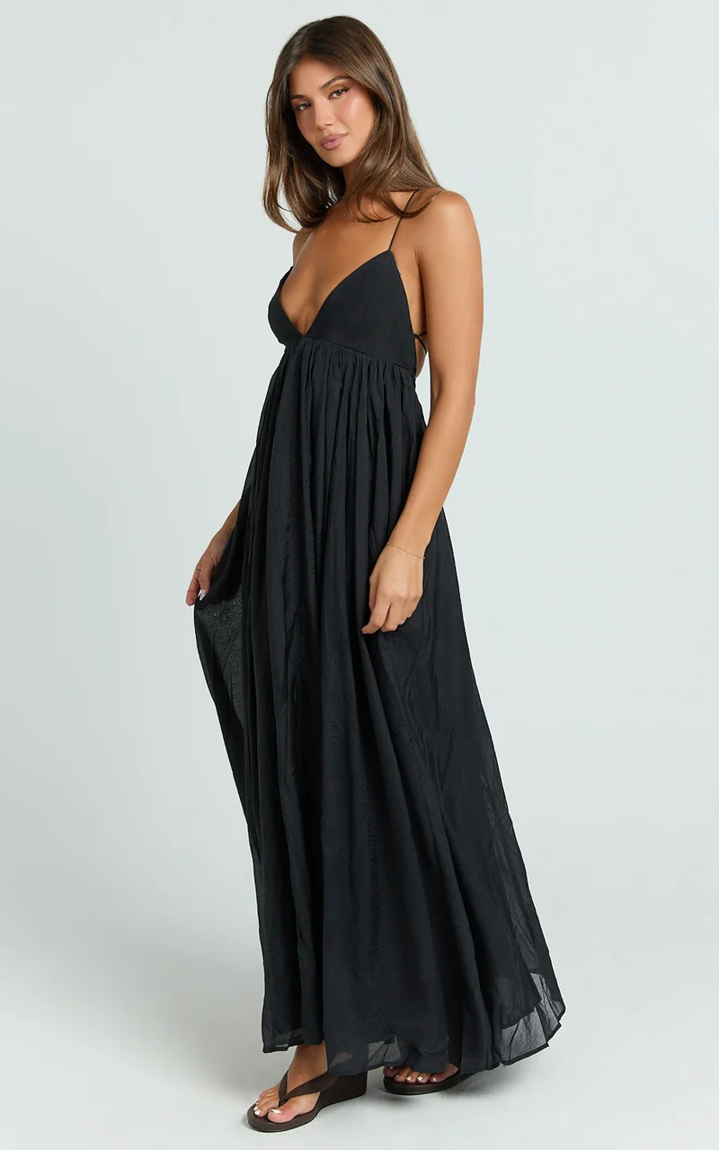 Kourtney Maxi Dress - V Neck Fit And Flare Dress With Tie Back Detail in Black