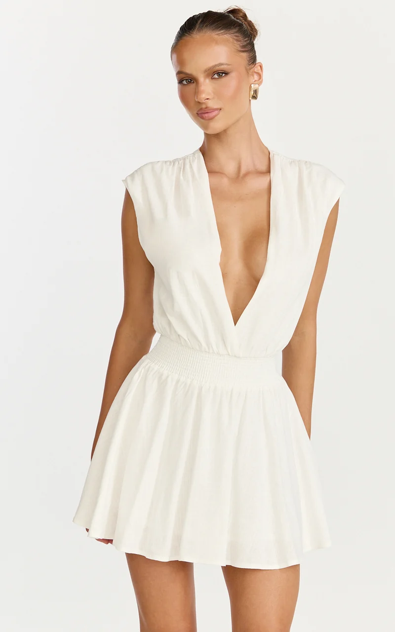 Luisa Mini Dress - Plunge Neckline Linen Blend Fit and Flare Dress in Off White