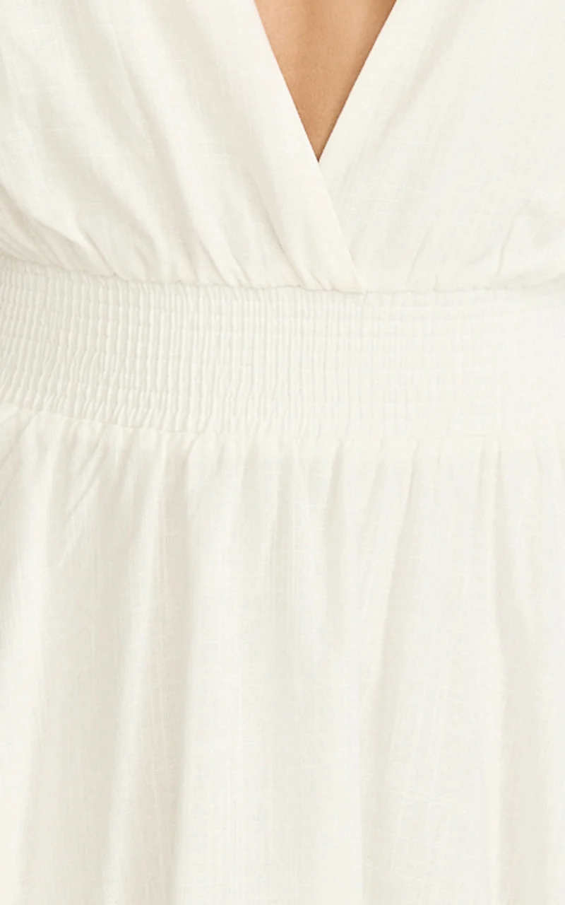 Luisa Mini Dress - Plunge Neckline Linen Blend Fit and Flare Dress in Off White