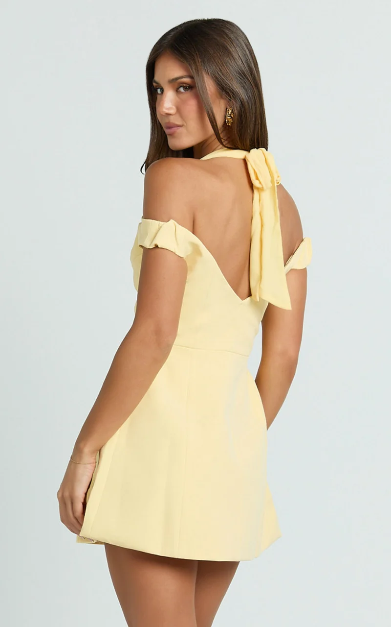 Baylee Mini Dress - Off Shoulder Button Front Tulip Skirt Dress in Lemon