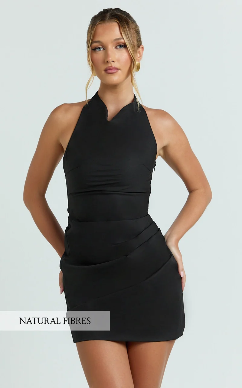 Felicity Mini Dress - Poplin Cowl Halter Gathered Dress in Black