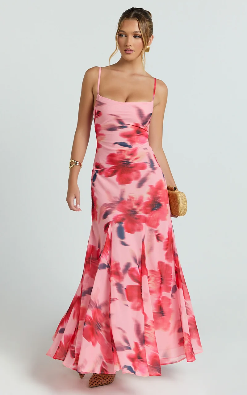 Claudia Maxi Dress - Floral Cowl Neck Godet Dress in Pink Floral