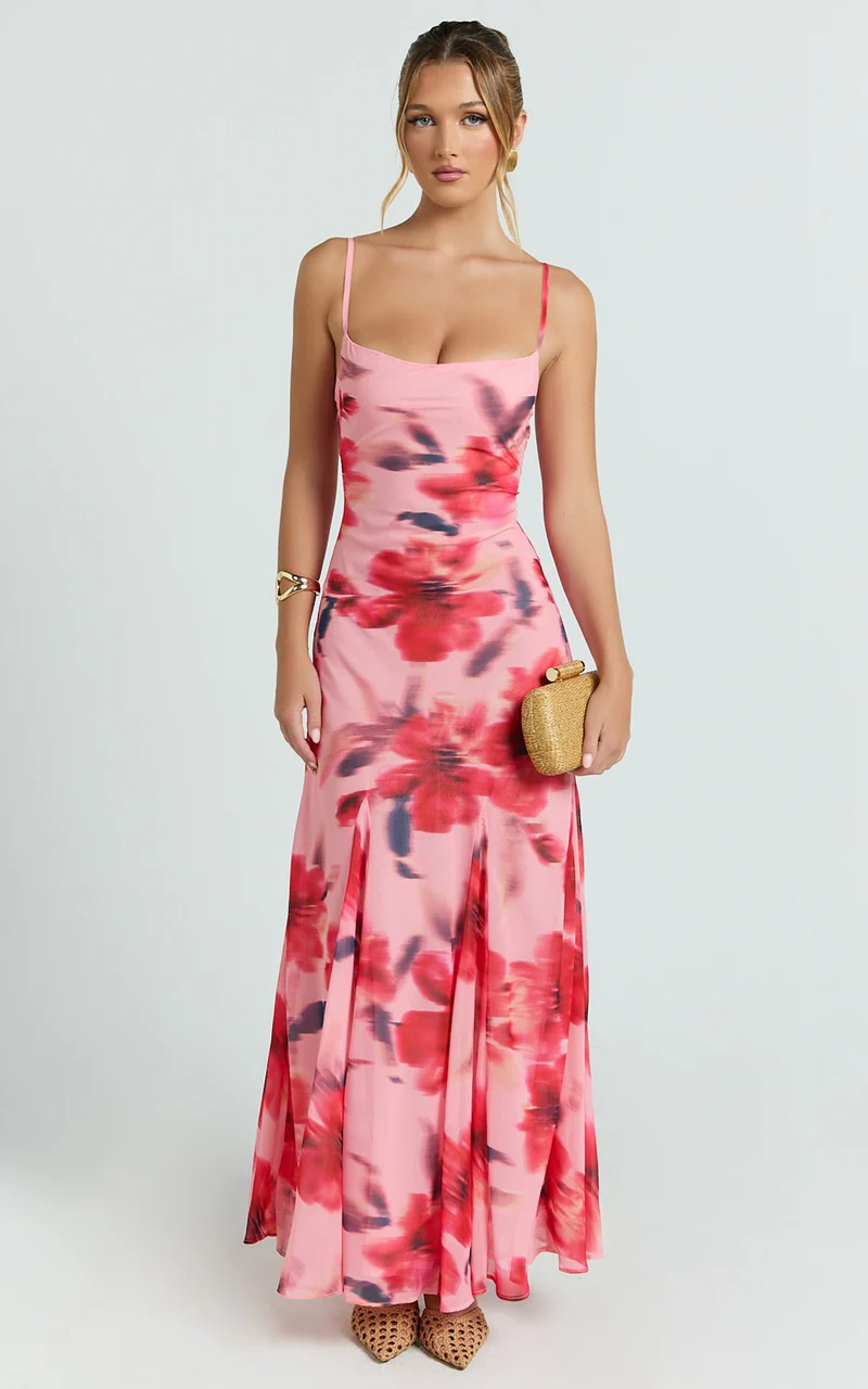 Claudia Maxi Dress - Floral Cowl Neck Godet Dress in Pink Floral