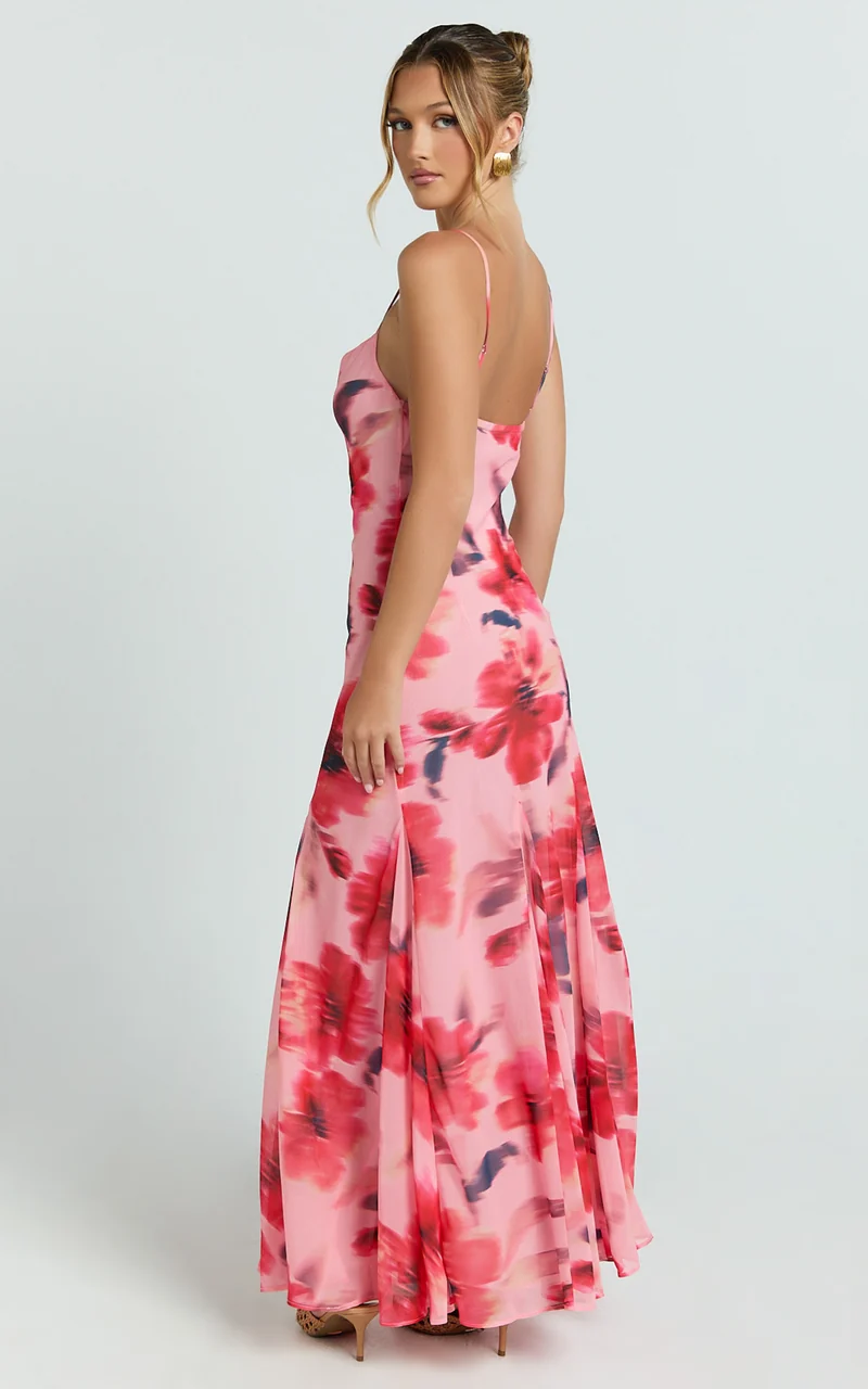 Claudia Maxi Dress - Floral Cowl Neck Godet Dress in Pink Floral