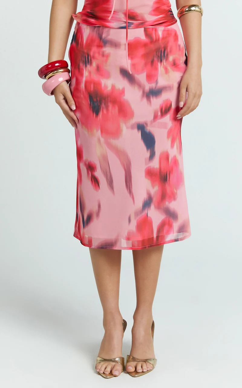 Claudia Maxi Skirt - Floral Bias Cut Skirt in Pink Floral