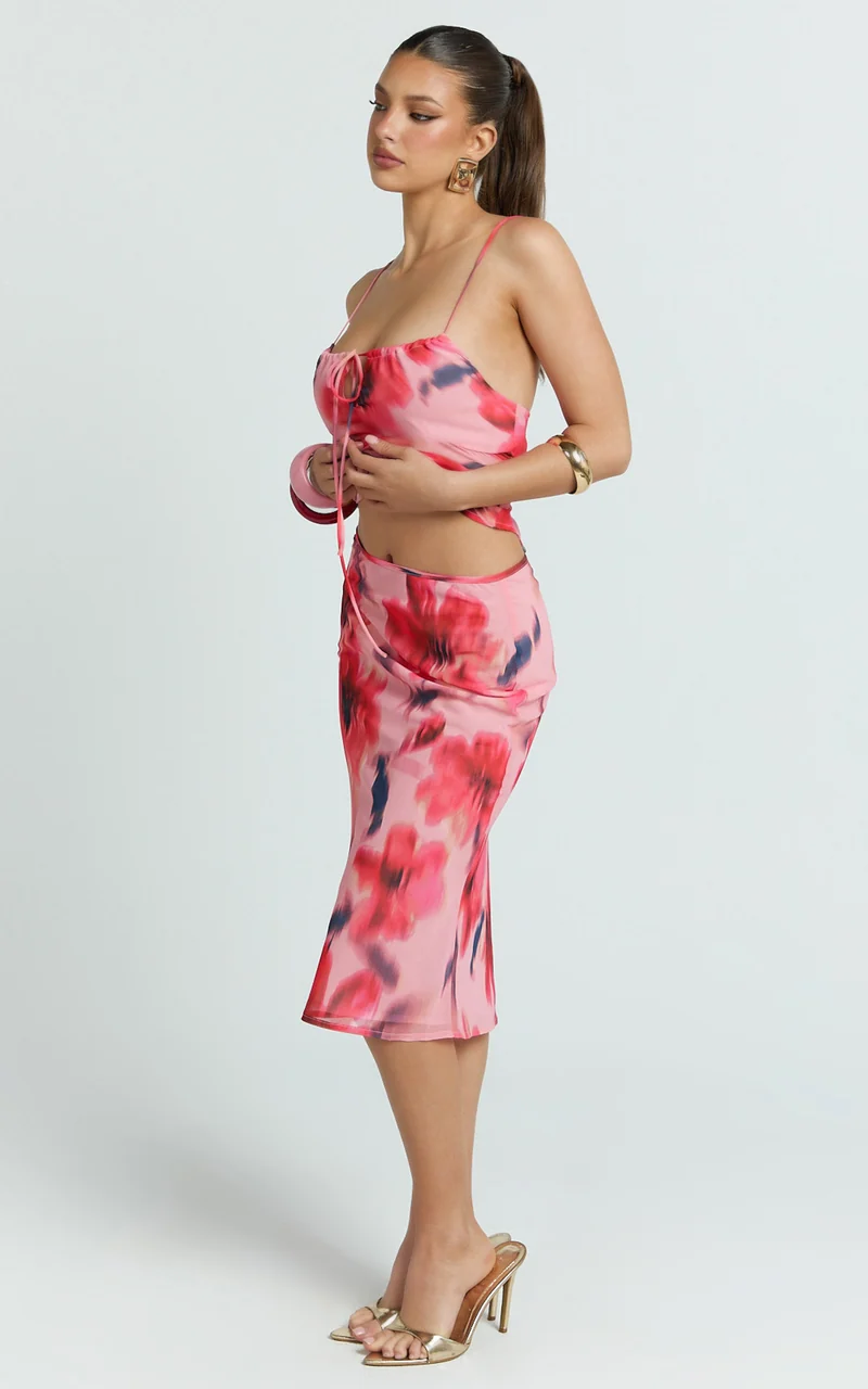 Claudia Maxi Skirt - Floral Bias Cut Skirt in Pink Floral