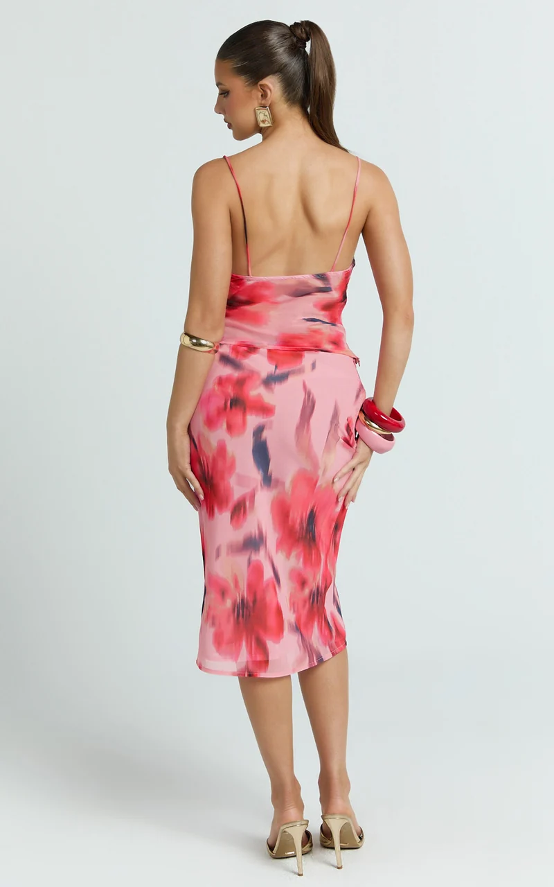 Claudia Maxi Skirt - Floral Bias Cut Skirt in Pink Floral